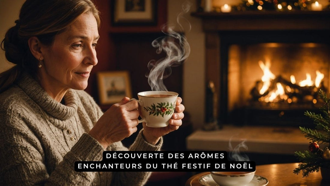 Femme savourant un thé de Noël devant la cheminée, avec des arômes chauds et festifs.