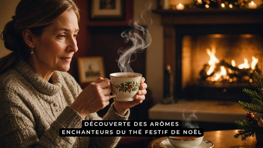 Femme savourant un thé de Noël devant la cheminée, avec des arômes chauds et festifs.